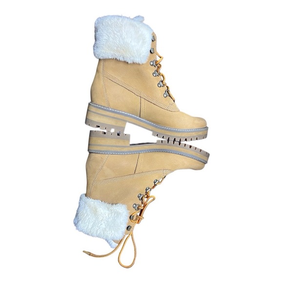 Timberland Shoes - Timberland Tan Lace Up Boots with White Fur